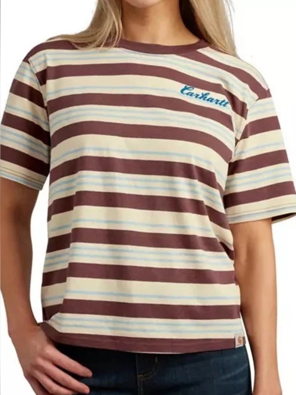 Carhartt Striped Short-Sleeve Tee in Burgundy, Cream and Light Blue - Picture 1 of 2